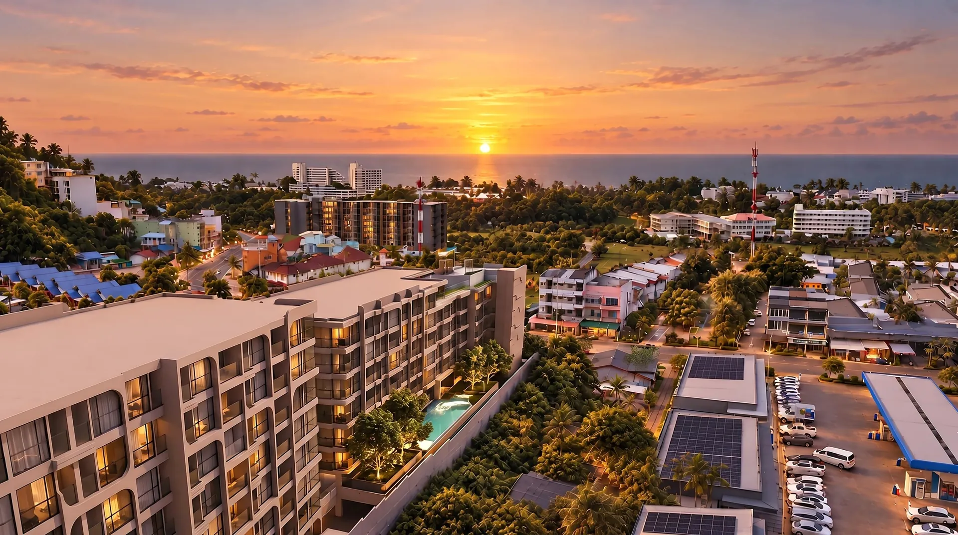 Vibe Downtown Karon — закатная визуализация из презентации проекта